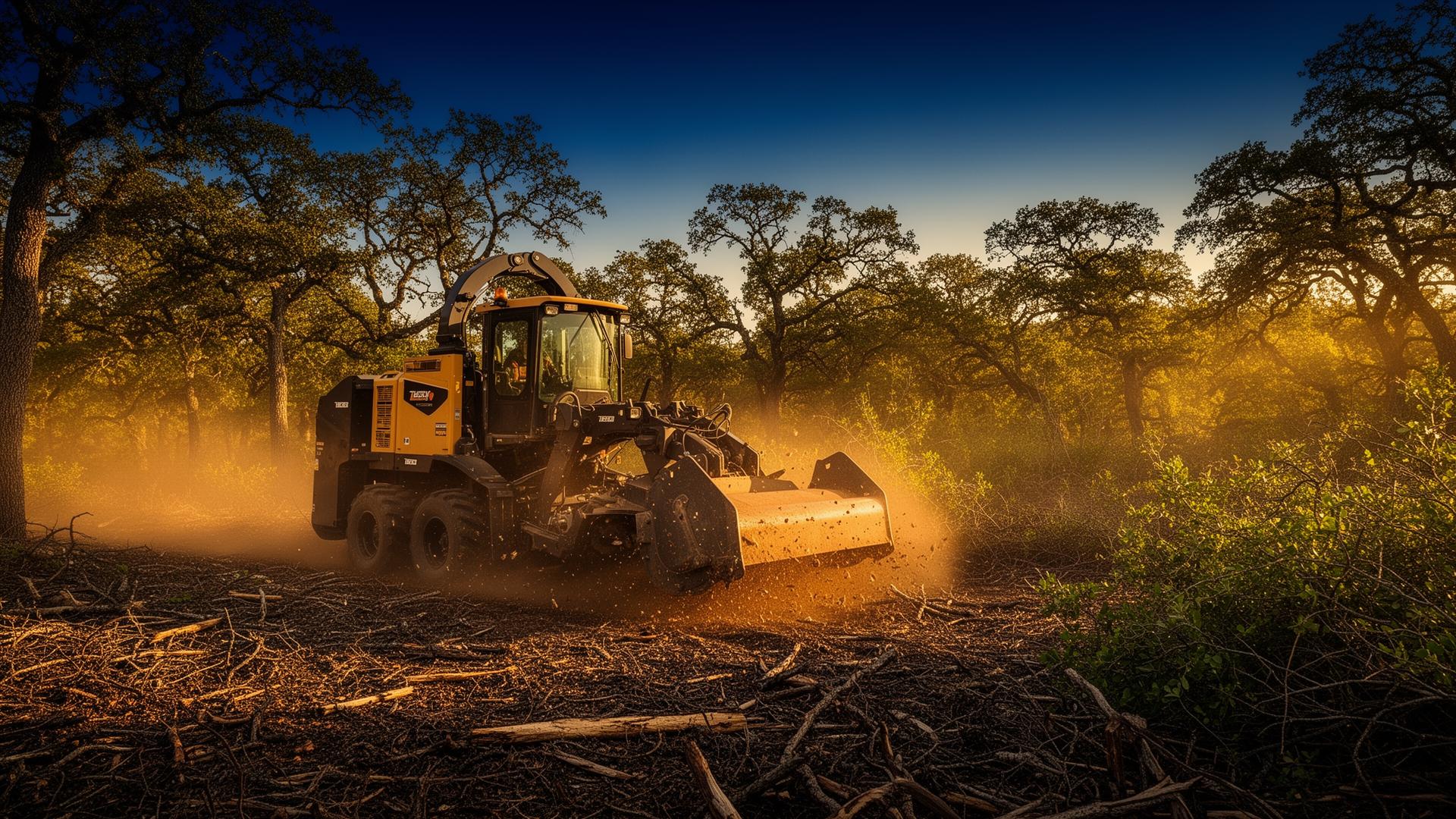 Forestry mulcher clearing dense Texas brush at sunset